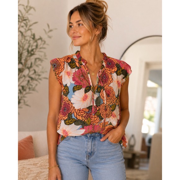 THML Tops - THML Floral Ruffle Neck Boho Coastal Cottagecore Chic Resort Summer Top Sz M